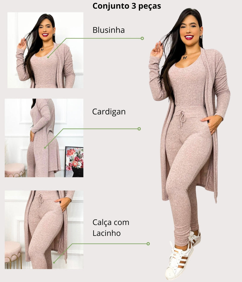 Conjunto Feminino Cardigan Rosa Luxo