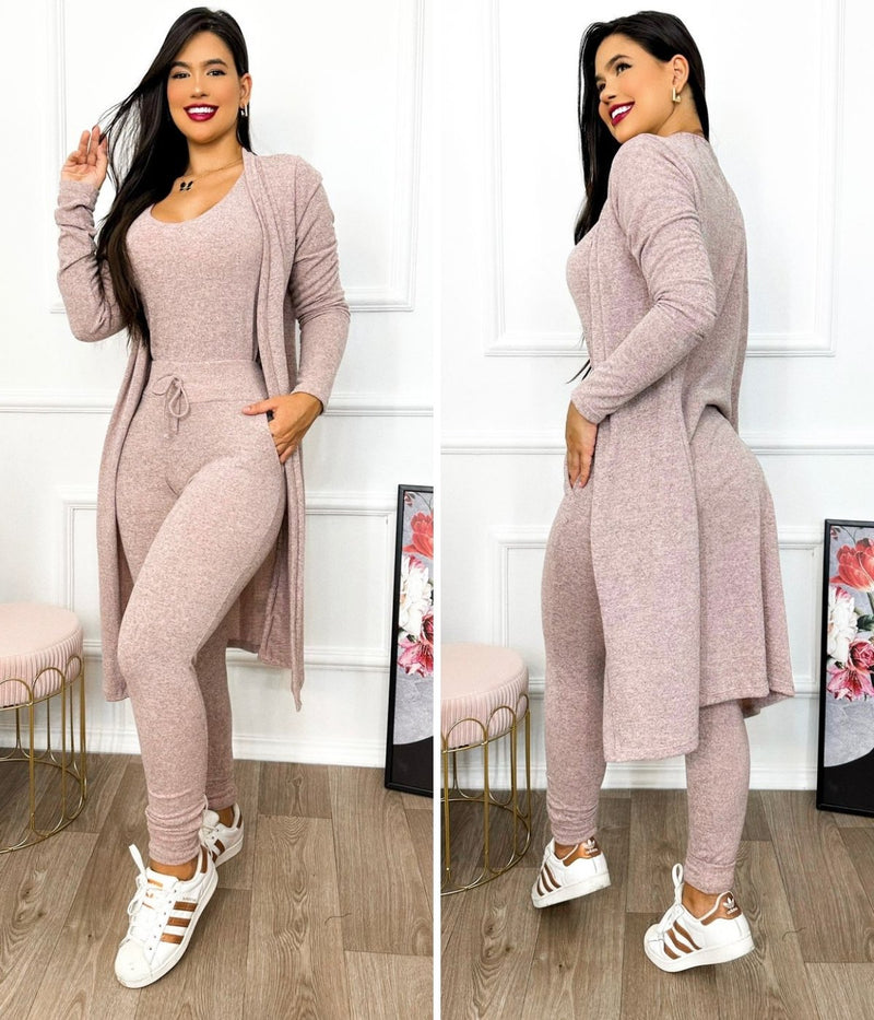Conjunto Feminino Cardigan Rosa Luxo